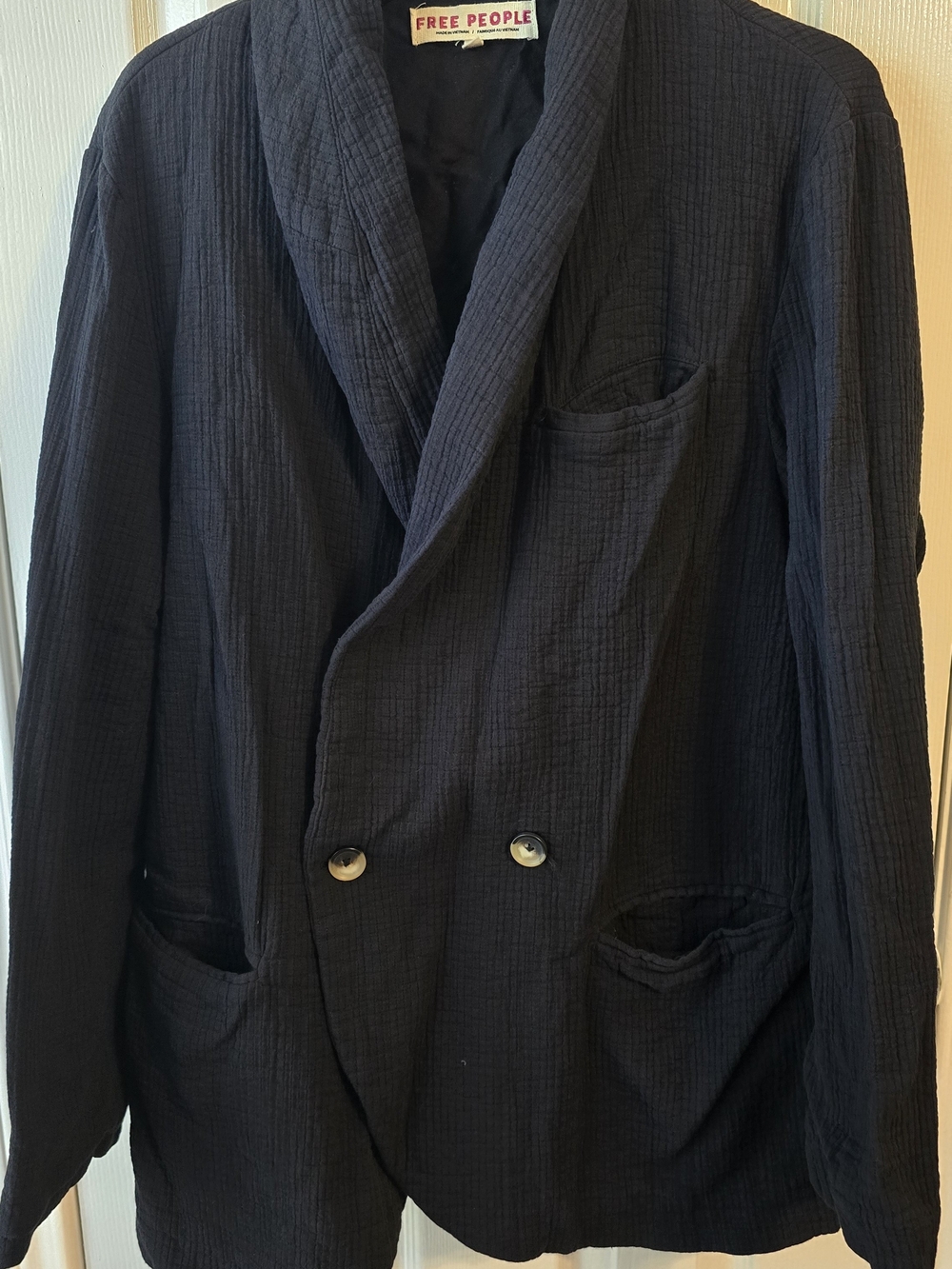 Free People Black Cotton Gauze Double Breasted Shawl Collar Blazer Jacket Size L